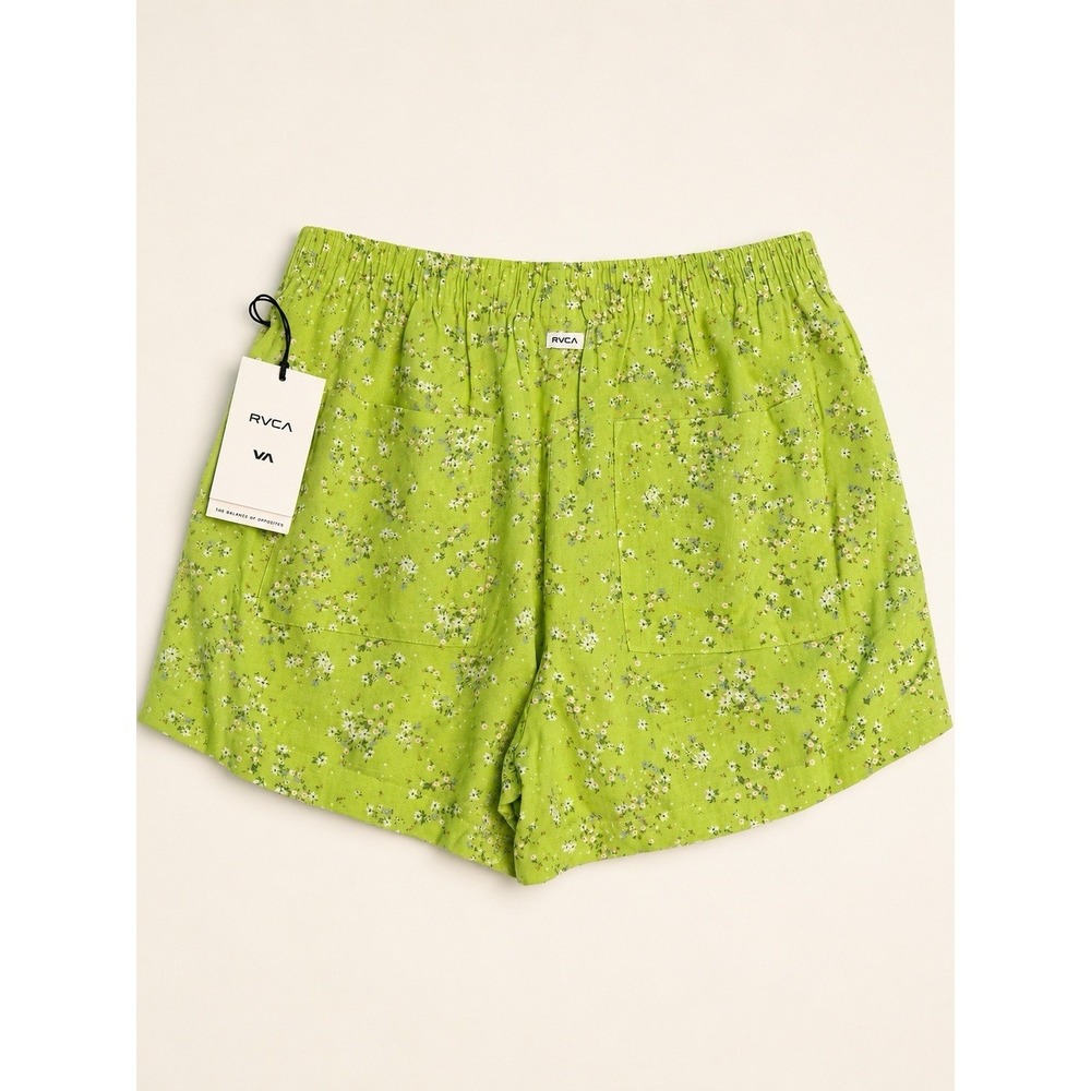RVCA Women's Green Floral Pull-On Athletic Shorts, Elastic Waist, Pockets M